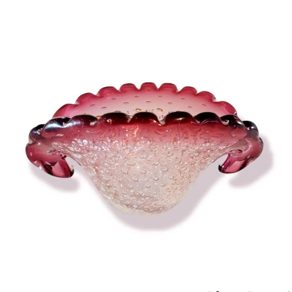 Vtg Murano Cranberry Red Cases Art Glass Bullicante Gold Fleck Bowl Dish Ashtray